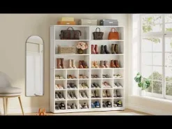 Freestanding Shoe Cabinet, 24 Pair Shoe Rack with Side Hooks