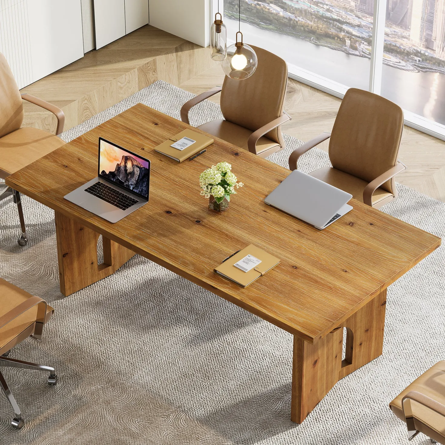 5.25FT Solid Wood Conference Table for 4-6 Users, 63" Executive Desk with Cutout Bases