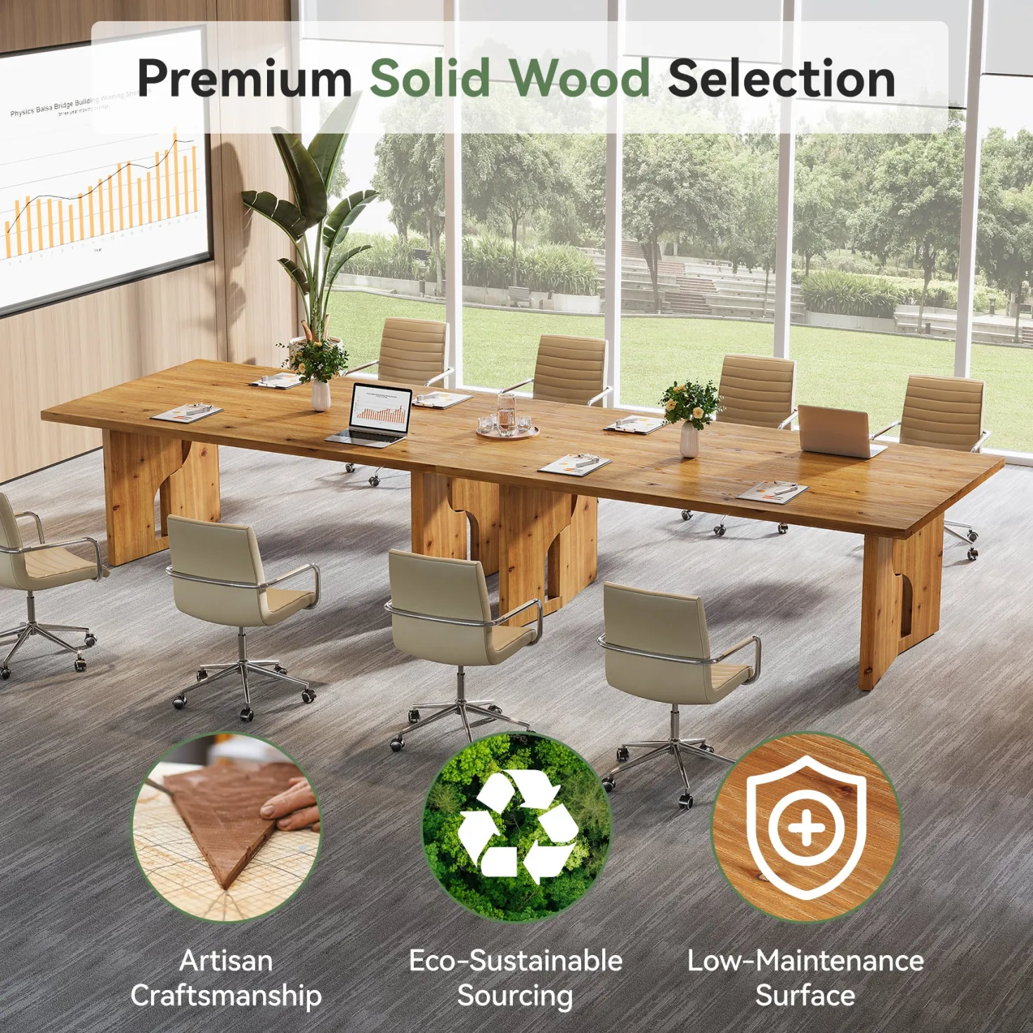 5.25FT Solid Wood Conference Table for 4-6 Users, 63" Executive Desk with Cutout Bases