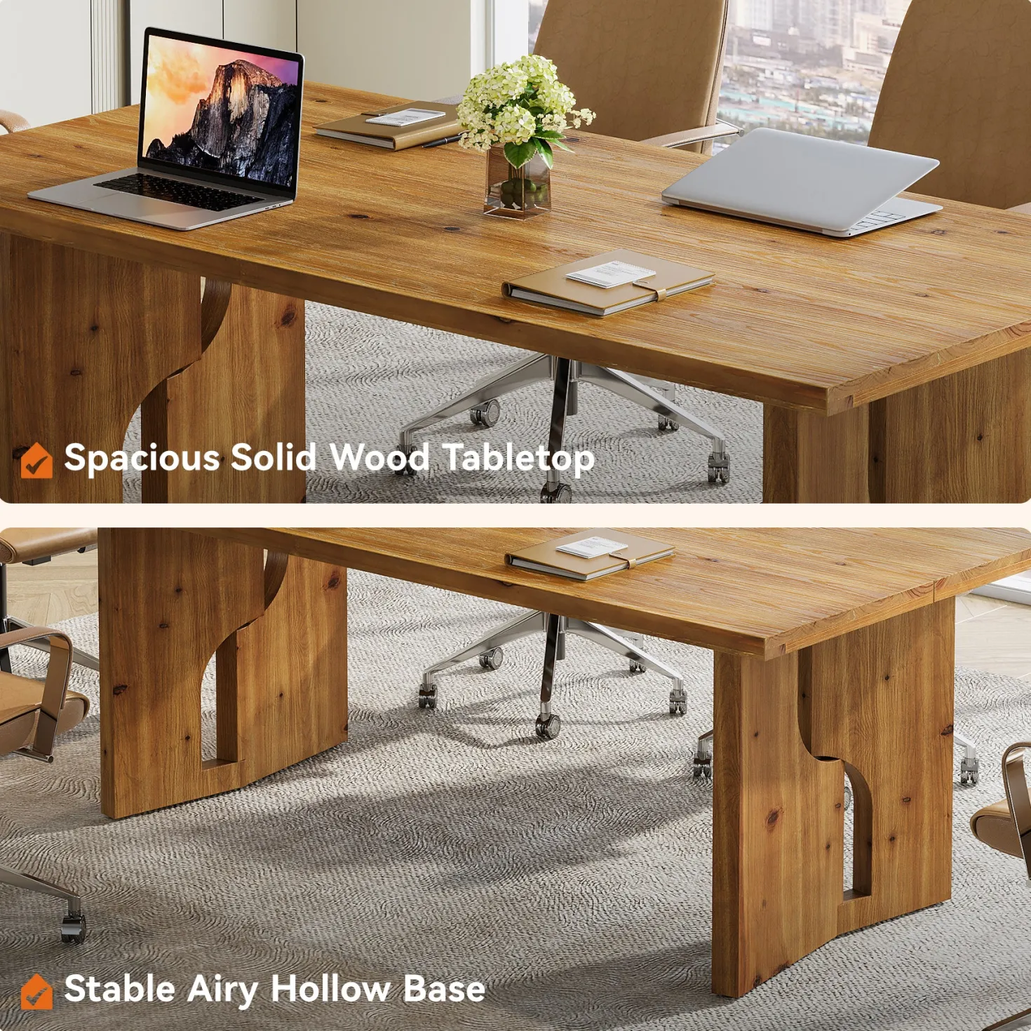 5.25FT Solid Wood Conference Table for 4-6 Users, 63" Executive Desk with Cutout Bases