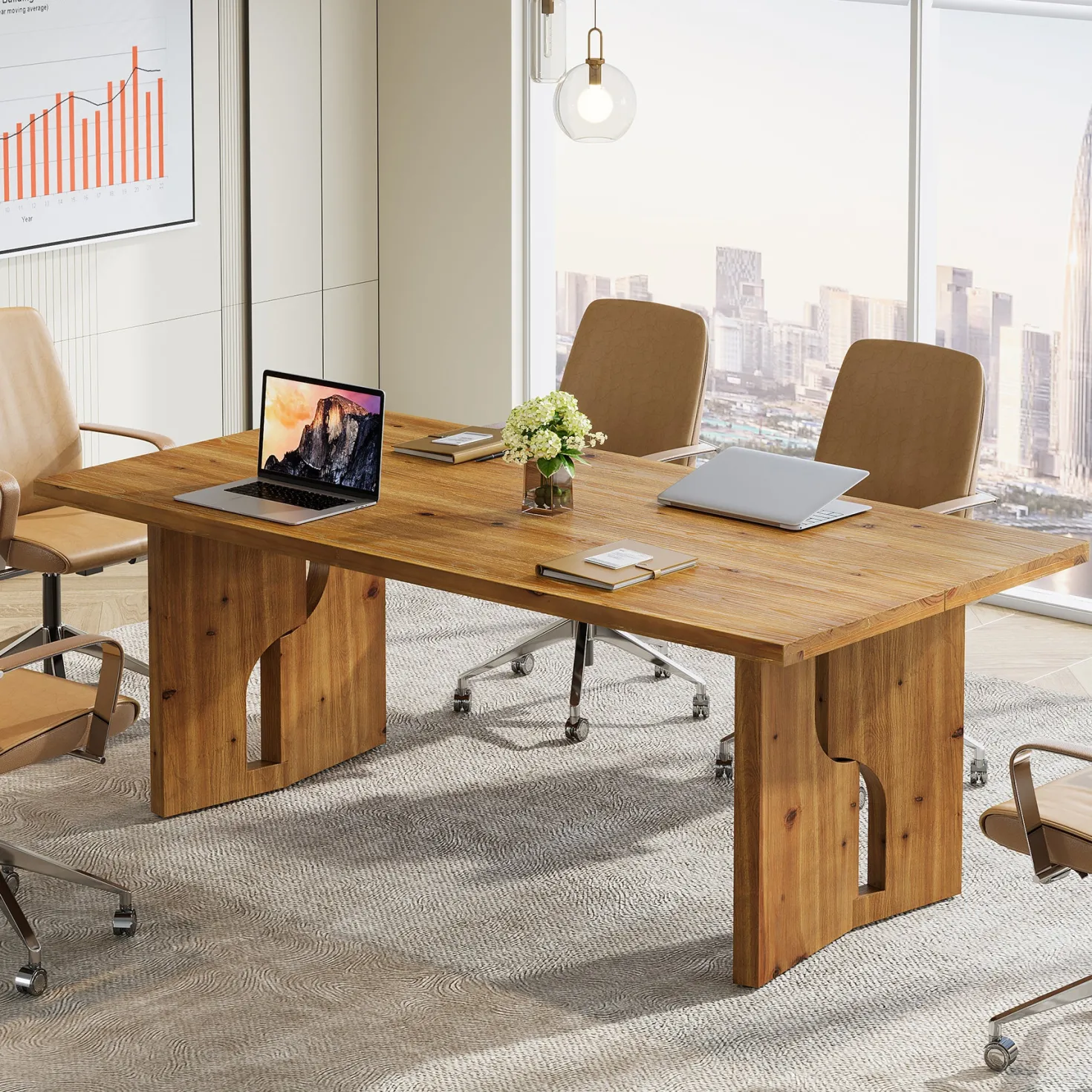 5.25FT Solid Wood Conference Table for 4-6 Users, 63" Executive Desk with Cutout Bases
