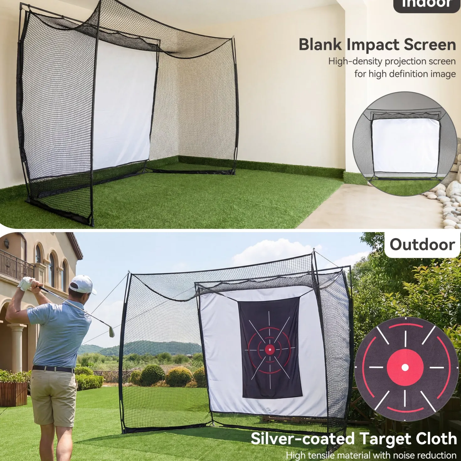 Golf Net, 11x8ft Golf Simulator Hitting Net with Sag-Free Impact Screen & Noise-Reducing Target Cloth