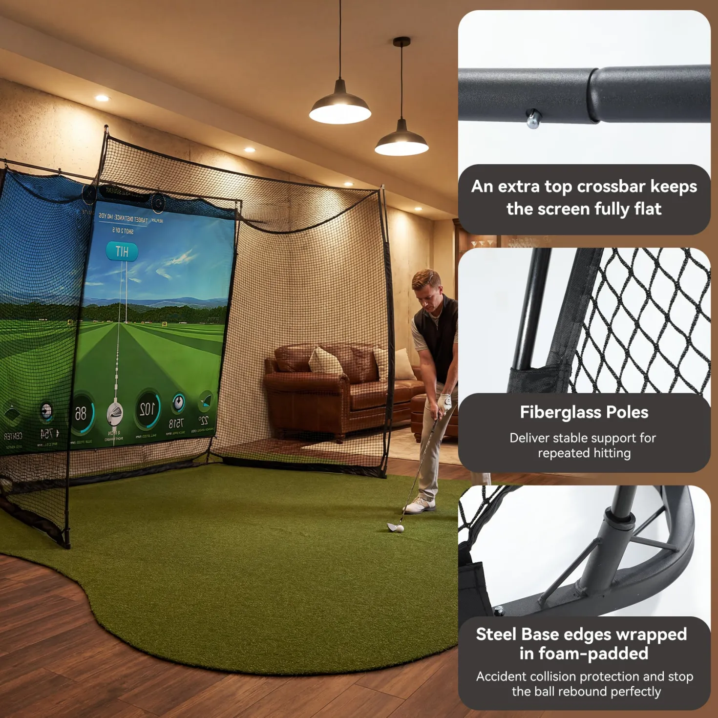 Golf Net, 11x8ft Golf Simulator Hitting Net with Sag-Free Impact Screen & Noise-Reducing Target Cloth