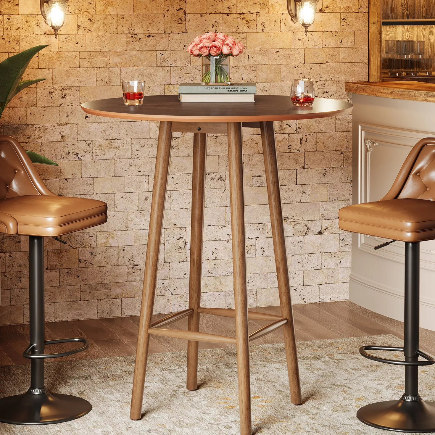 39.37"H Round Bar Table, Solid Wood Bistro Table with Sturdy Frame