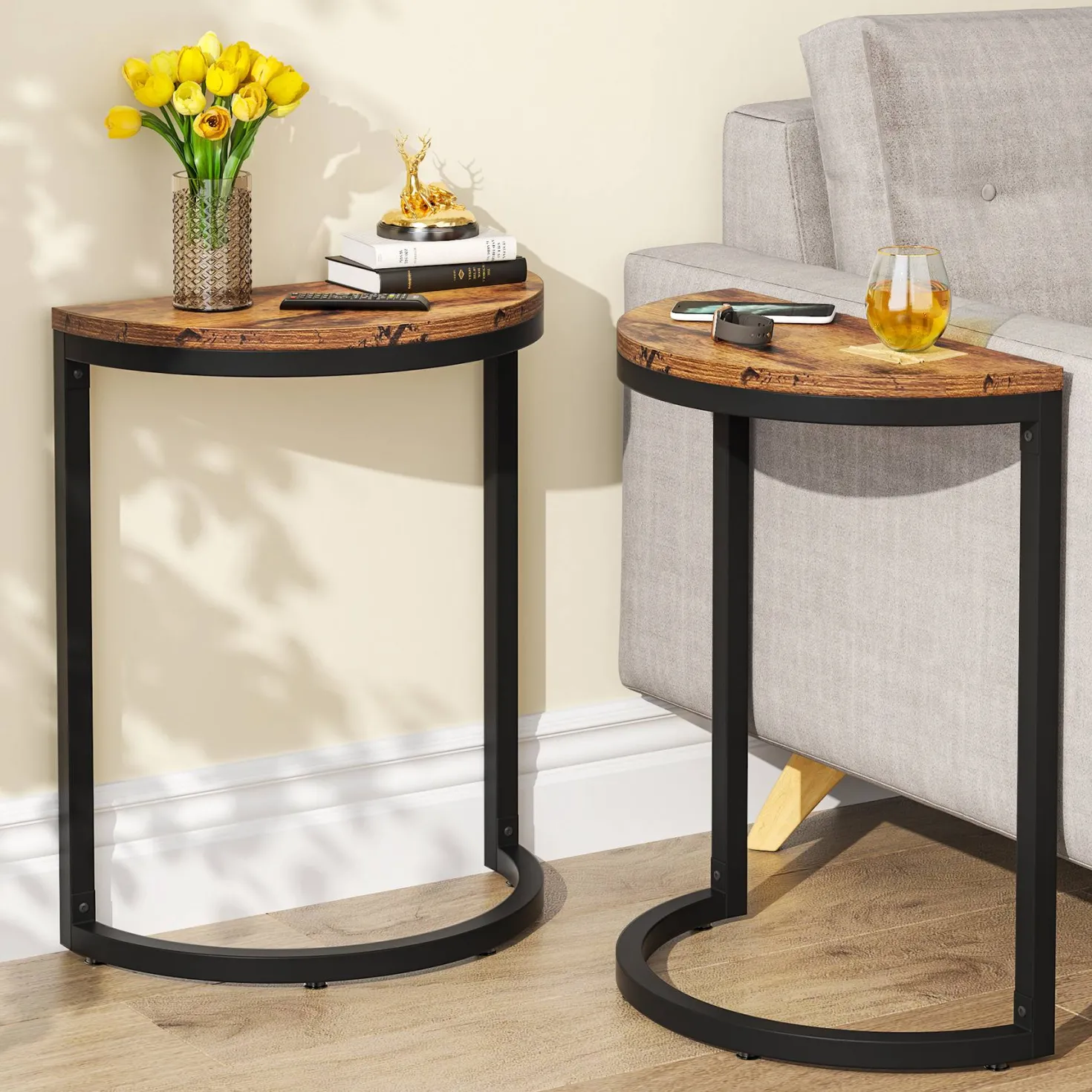 Half Round End Table, Narrow Side Table with Metal Frame