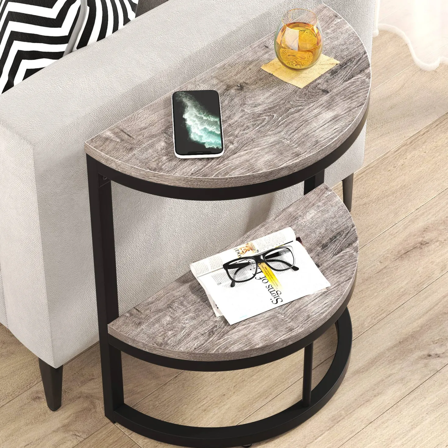 Half Round End Table, Narrow Side Table with Metal Frame