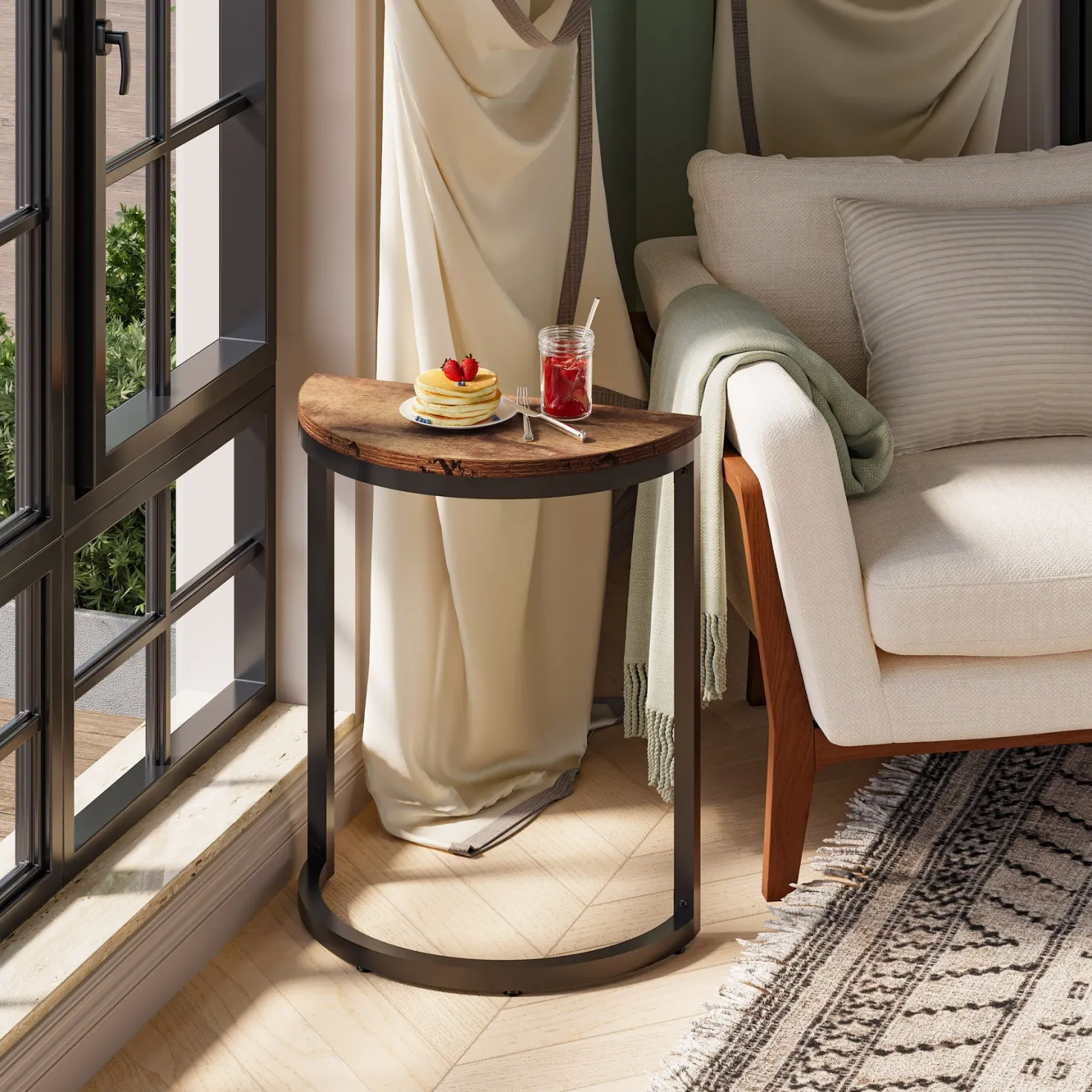 Half Round End Table, Narrow Side Table with Metal Frame