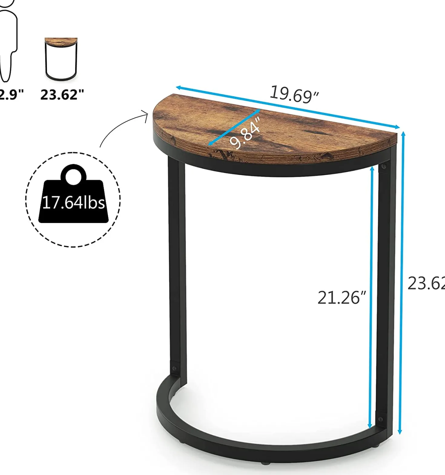 Half Round End Table, Narrow Side Table with Metal Frame