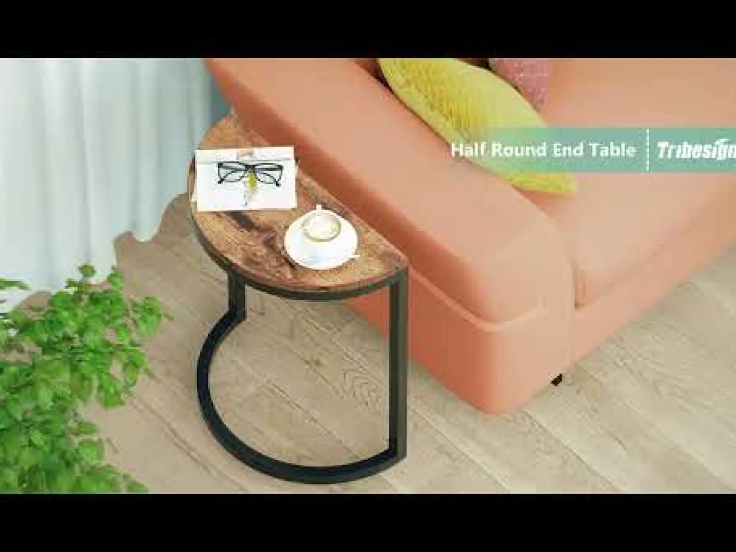 Half Round End Table, Narrow Side Table with Metal Frame