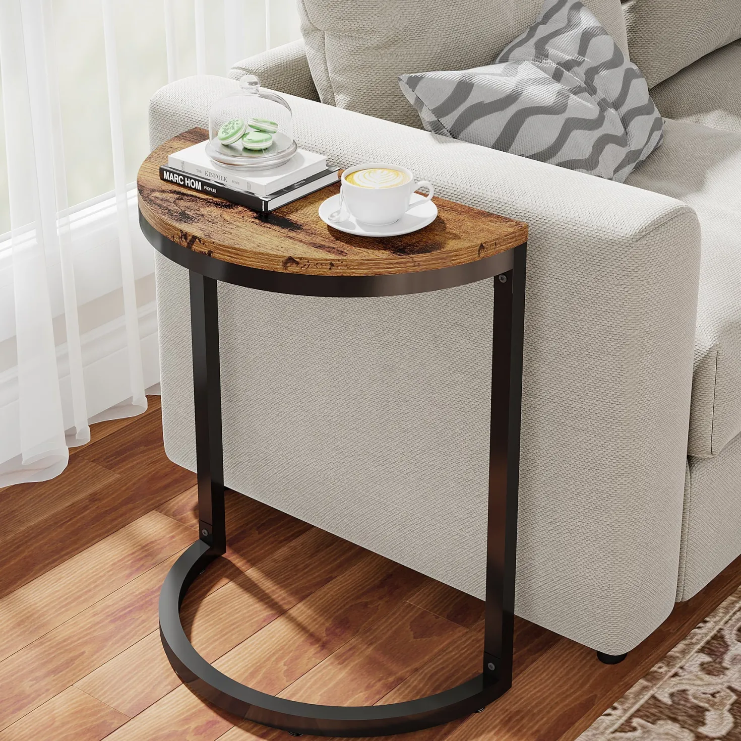 Half Round End Table, Narrow Side Table with Metal Frame