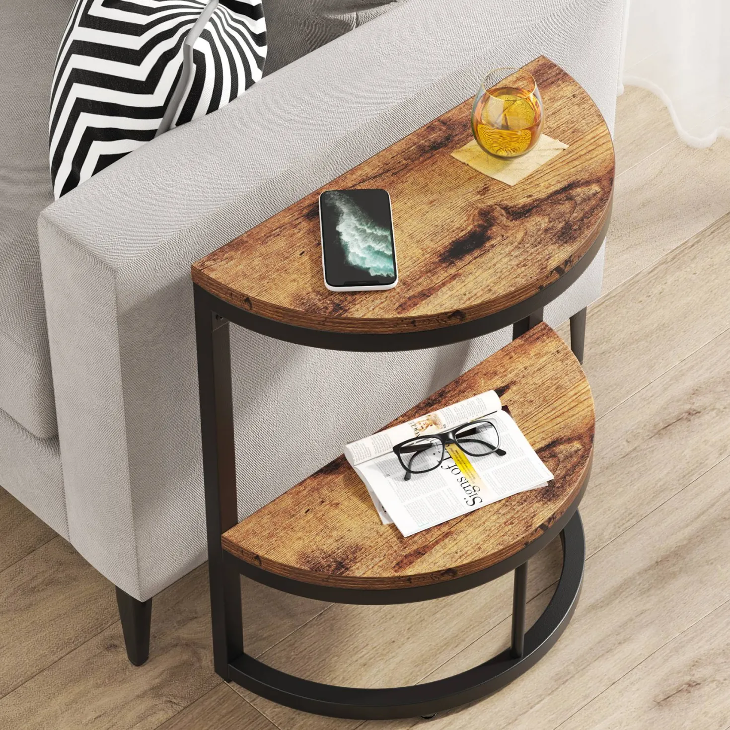 Half Round End Table, Narrow Side Table with Metal Frame
