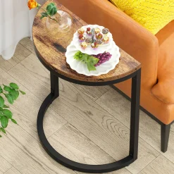 Half Round End Table, Narrow Side Table with Metal Frame