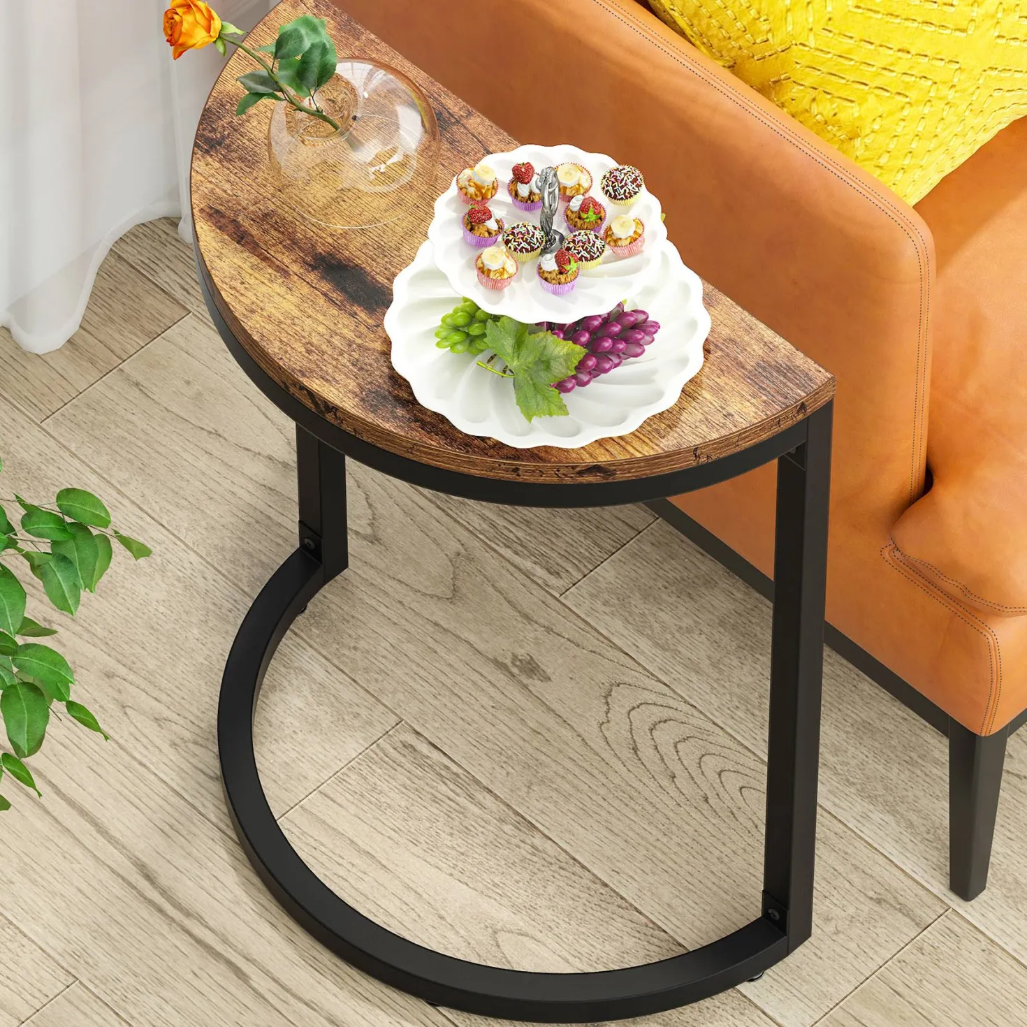 Half Round End Table, Narrow Side Table with Metal Frame