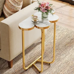 Half-Flower End Table, Faux Marble Side Table with Gold Frame