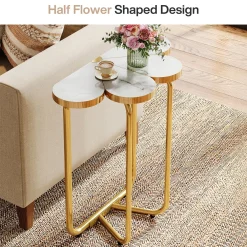 Half-Flower End Table, Faux Marble Side Table with Gold Frame