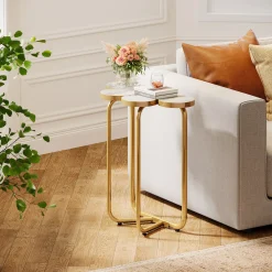 Half-Flower End Table, Faux Marble Side Table with Gold Frame