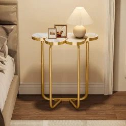 Half-Flower End Table, Faux Marble Side Table with Gold Frame