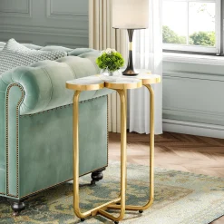 Half-Flower End Table, Faux Marble Side Table with Gold Frame