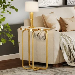 Half-Flower End Table, Faux Marble Side Table with Gold Frame