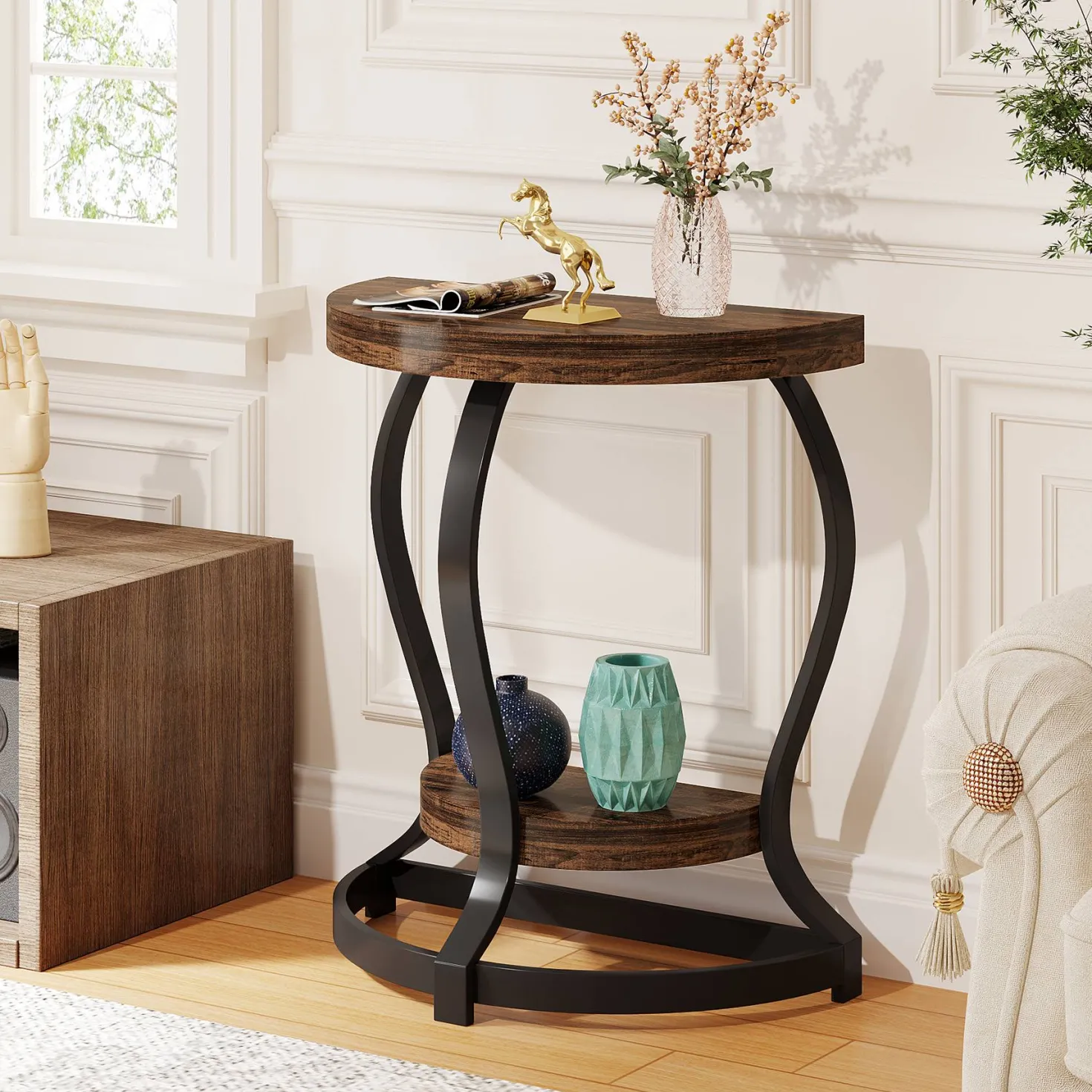 Half-Round End Table, Side Table with 2-Tier Shelves