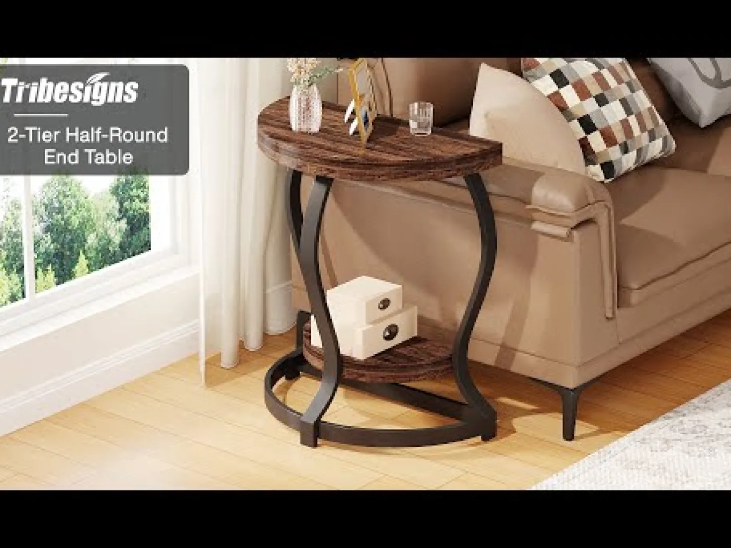 Half-Round End Table, Side Table with 2-Tier Shelves