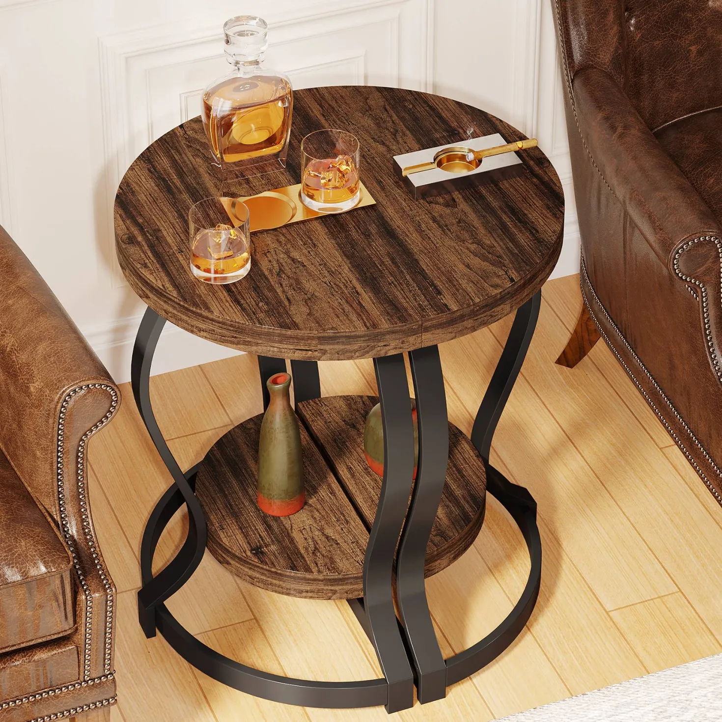 Half-Round End Table, Side Table with 2-Tier Shelves