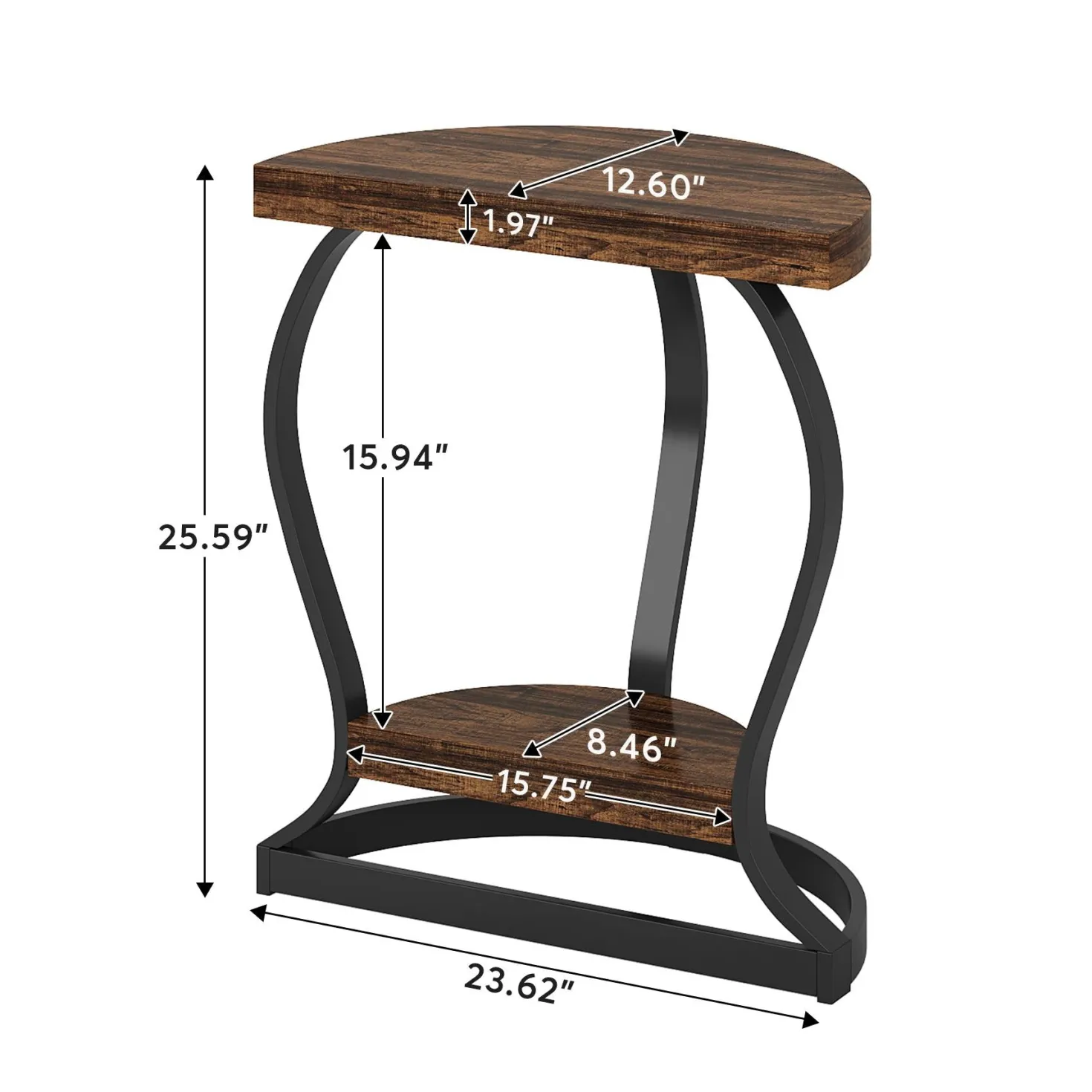 Half-Round End Table, Side Table with 2-Tier Shelves