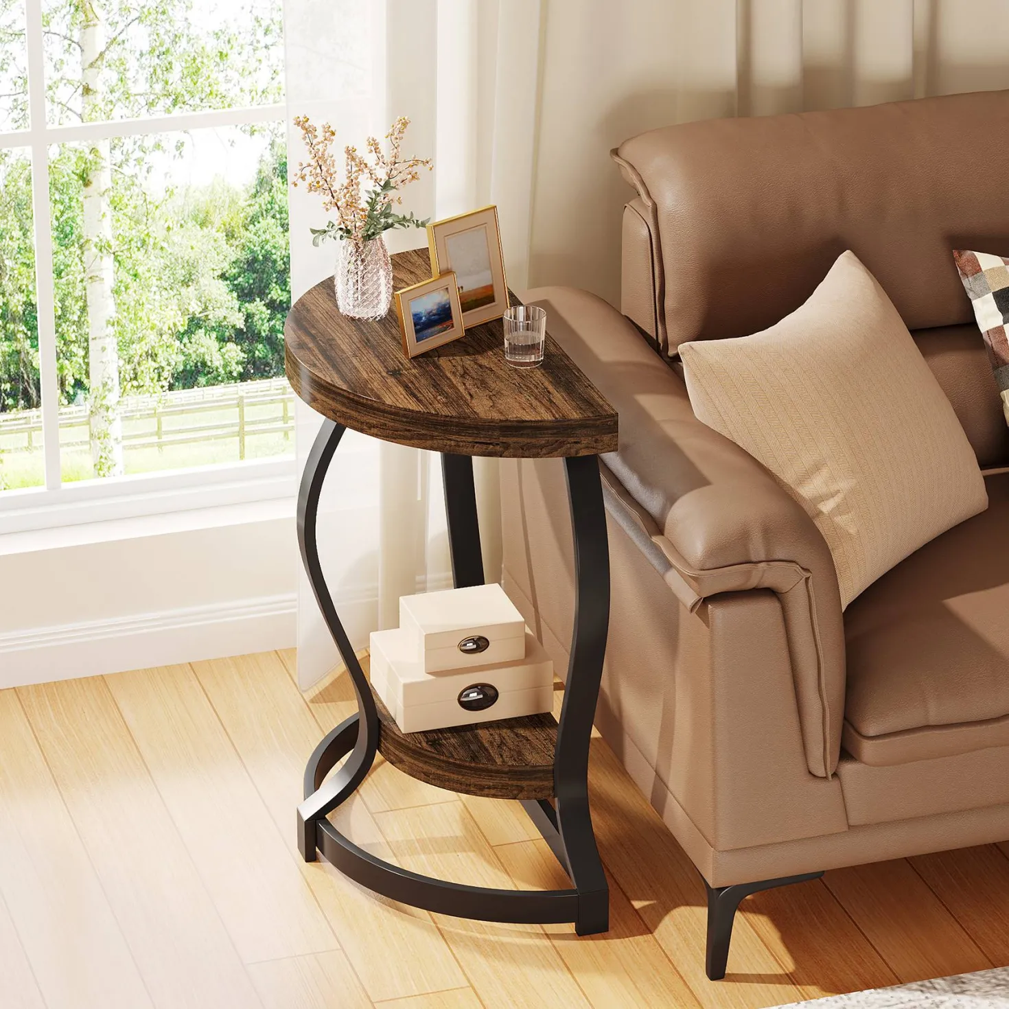 Half-Round End Table, Side Table with 2-Tier Shelves