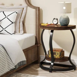 Half-Round End Table, Side Table with 2-Tier Shelves