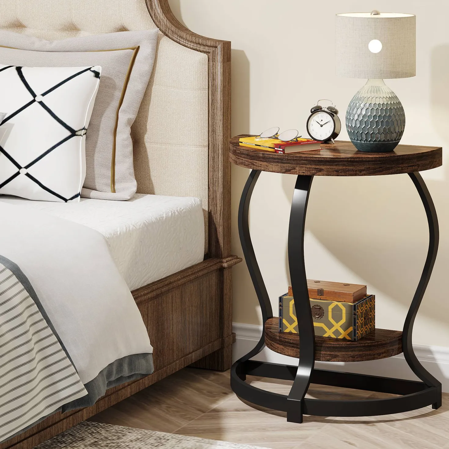 Half-Round End Table, Side Table with 2-Tier Shelves