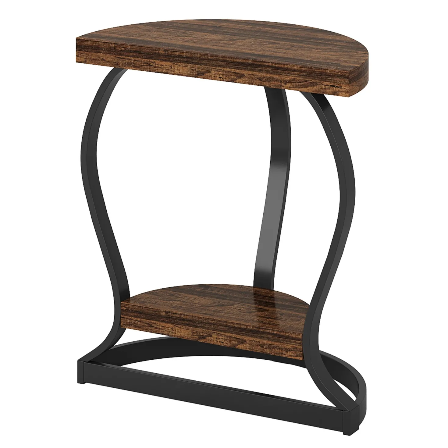Half-Round End Table, Side Table with 2-Tier Shelves