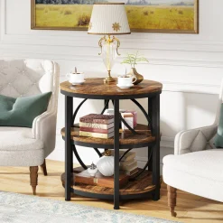 Half-Round End Table, 3-Tier Narrow Side Table with Metal Frame