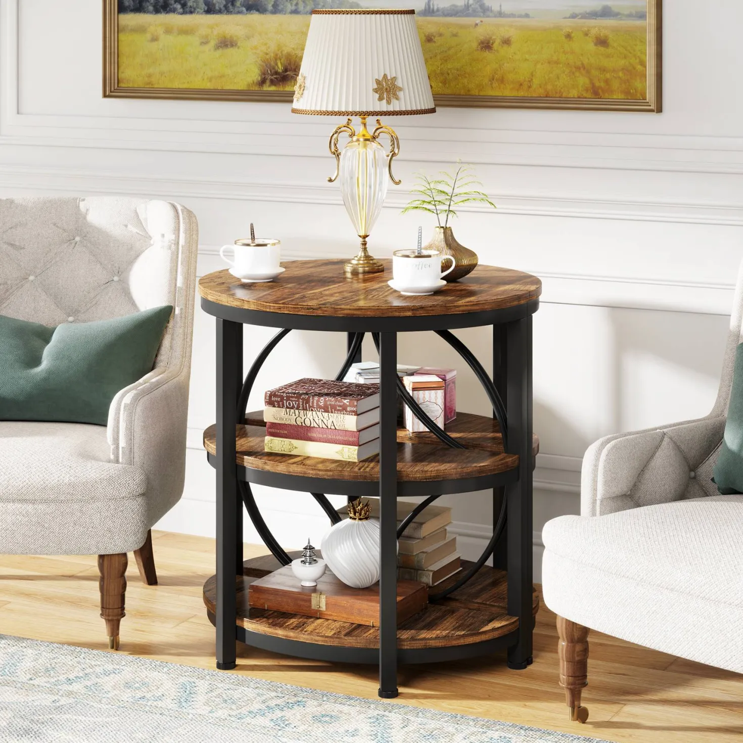 Half-Round End Table, 3-Tier Narrow Side Table with Metal Frame