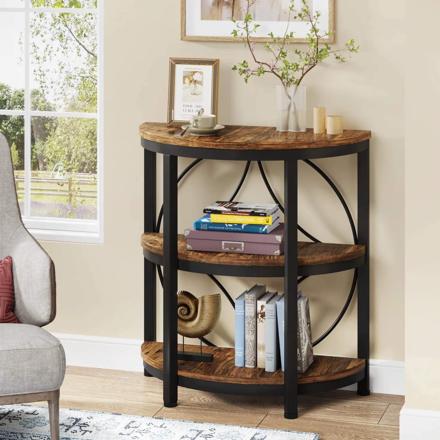 Half-Round End Table, 3-Tier Narrow Side Table with Metal Frame