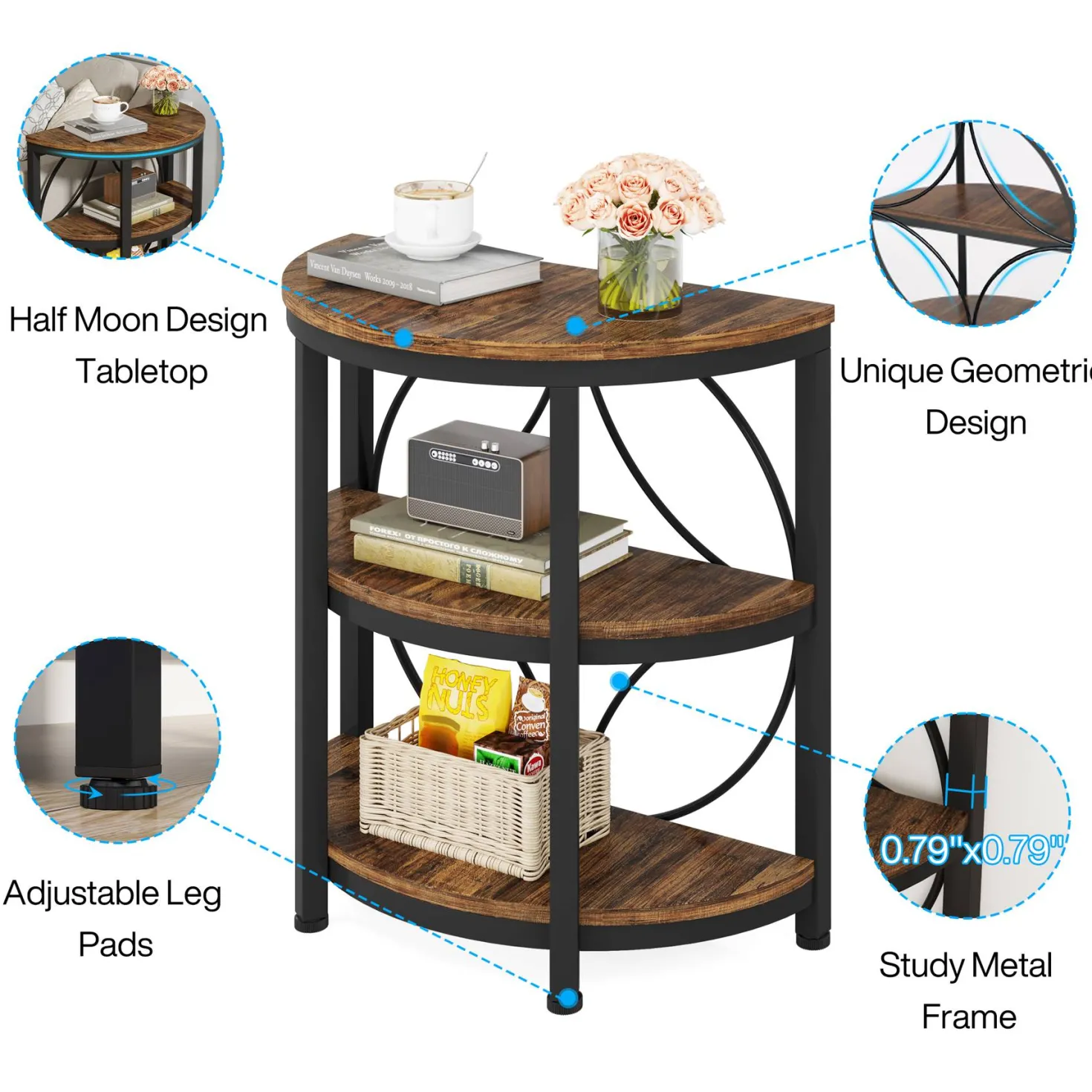 Half-Round End Table, 3-Tier Narrow Side Table with Metal Frame