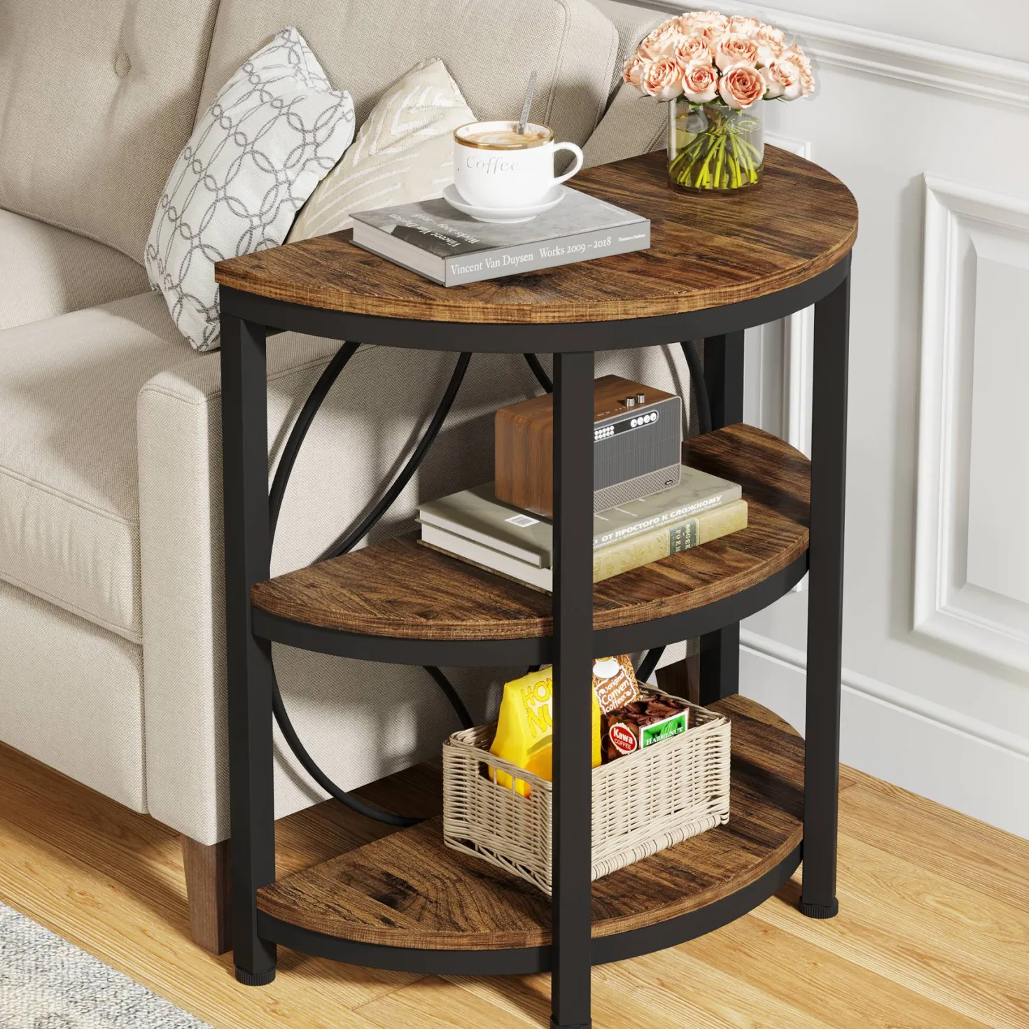 Half-Round End Table, 3-Tier Narrow Side Table with Metal Frame