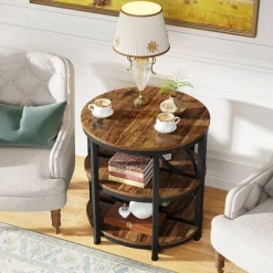 Half-Round End Table, 3-Tier Narrow Side Table with Metal Frame
