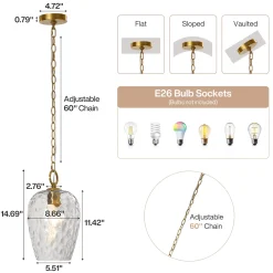 Hammered Glass Pendant Light, Rippled Hanging Light with Adjustable 60-Inch Chain