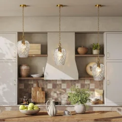 Hammered Glass Pendant Light, Rippled Hanging Light with Adjustable 60-Inch Chain