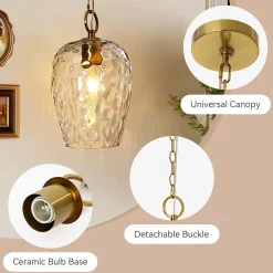 Hammered Glass Pendant Light, Rippled Hanging Light with Adjustable 60-Inch Chain