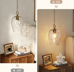Hammered Glass Pendant Light, Rippled Hanging Light with Adjustable 60-Inch Chain