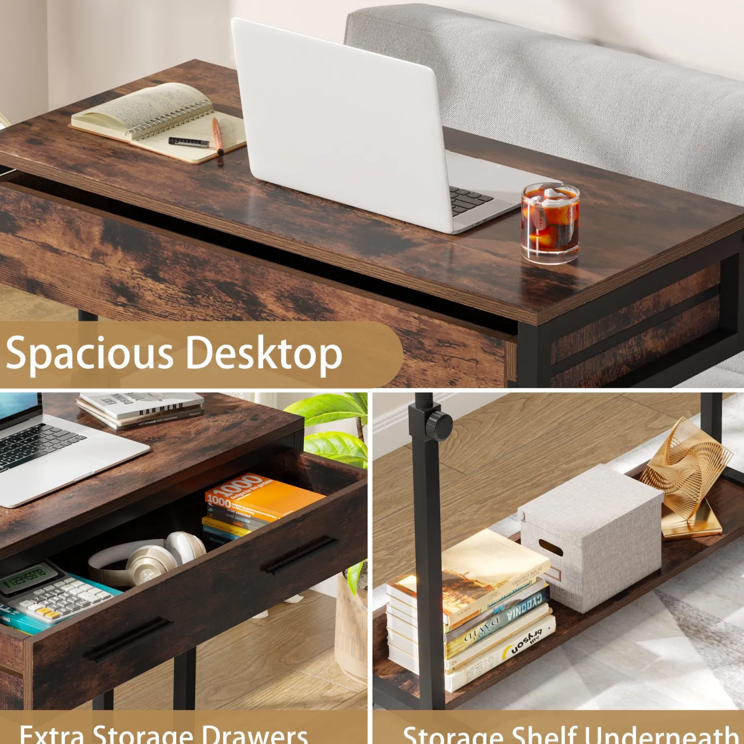 Height Adjustable Desk, Mobile Side Table Portable Desk with Drawers