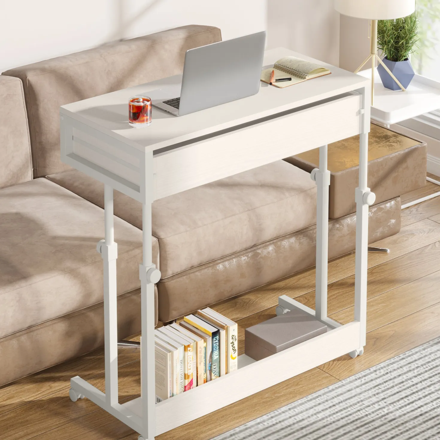 Height Adjustable Desk, Mobile Side Table Portable Desk with Drawers