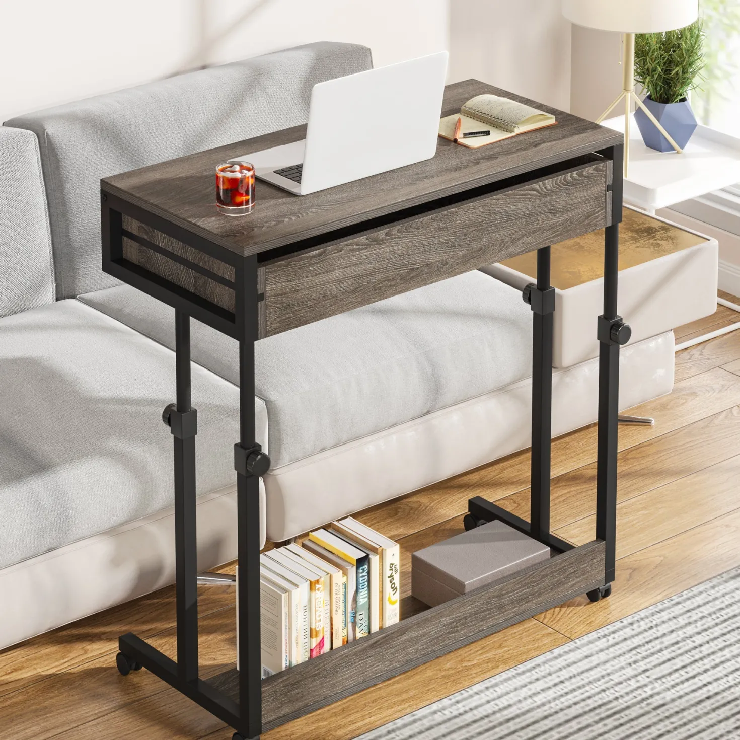 Height Adjustable Desk, Mobile Side Table Portable Desk with Drawers