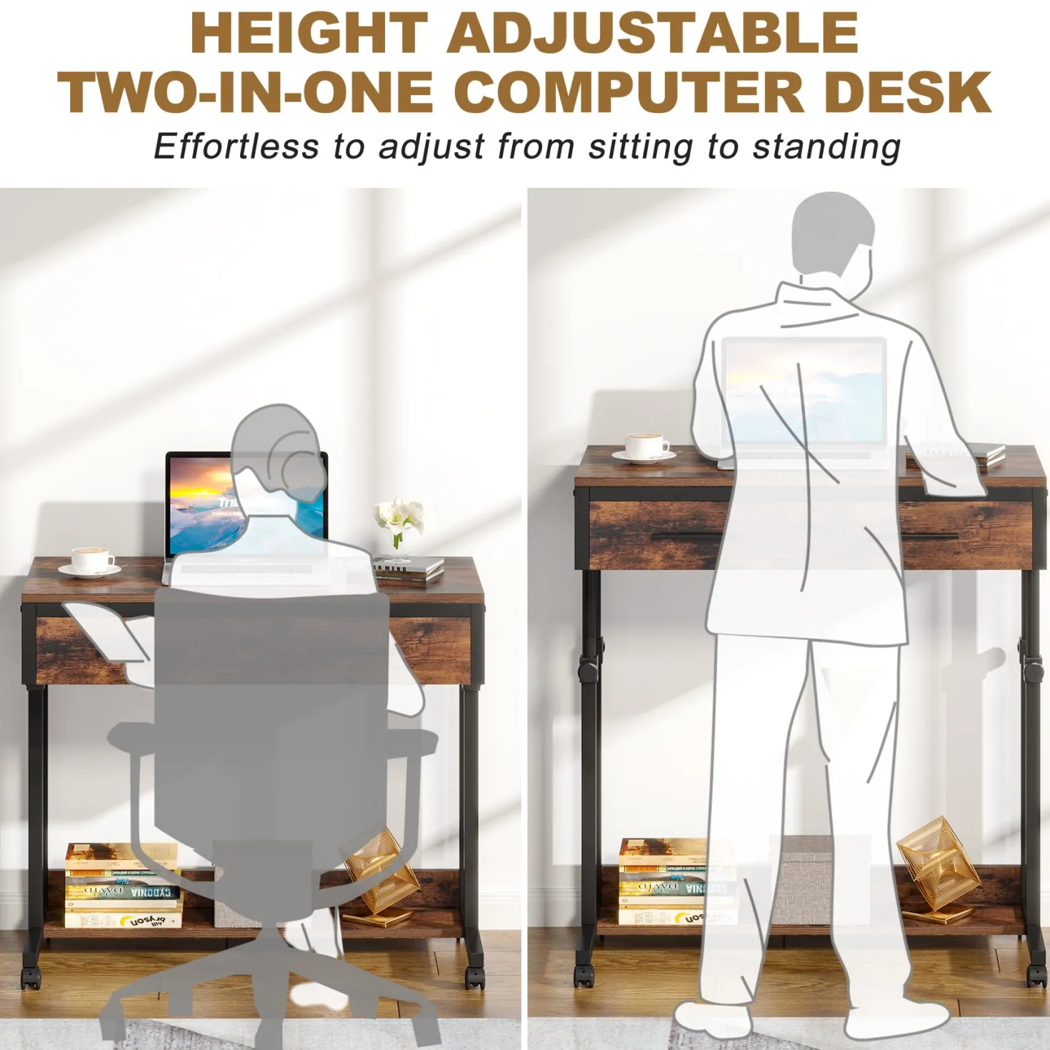 Height Adjustable Desk, Mobile Side Table Portable Desk with Drawers