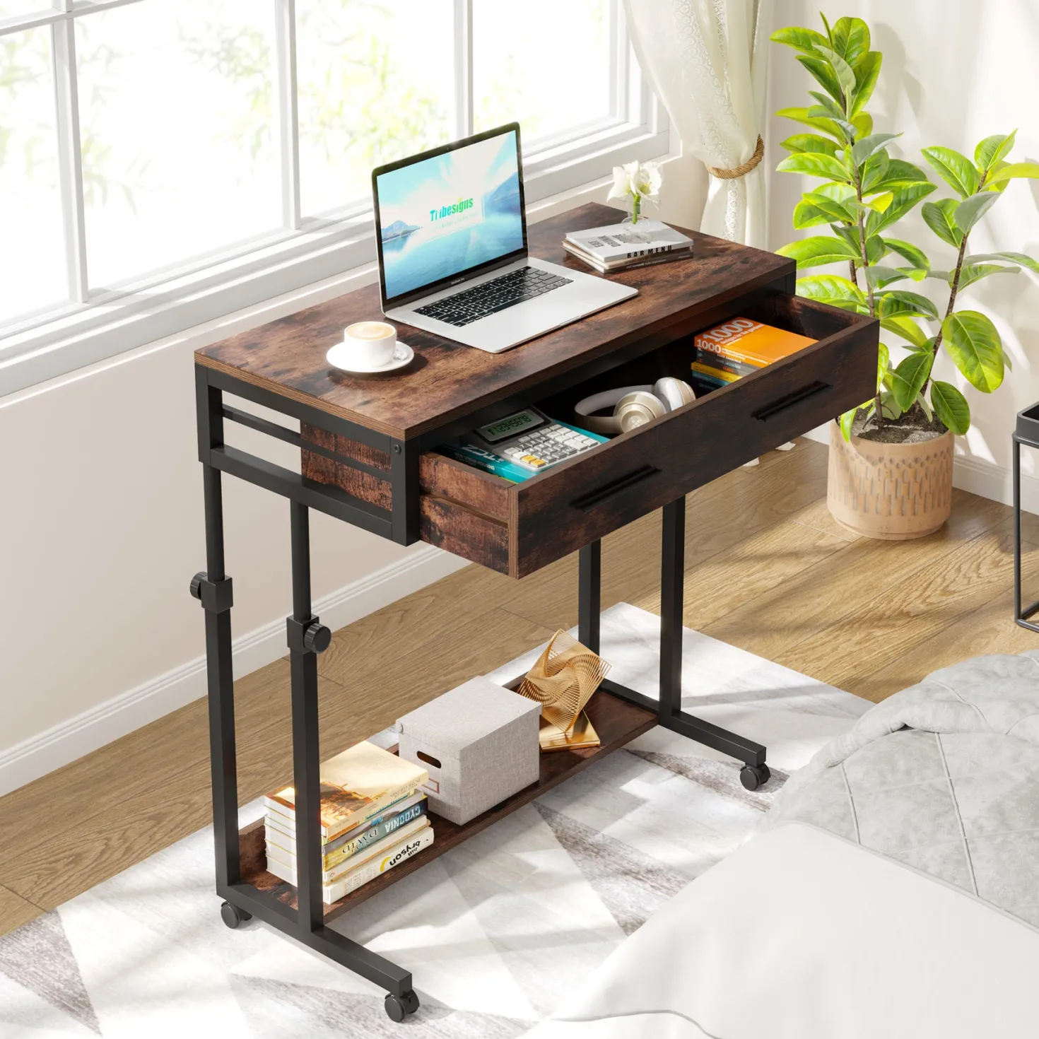 Height Adjustable Desk, Mobile Side Table Portable Desk with Drawers