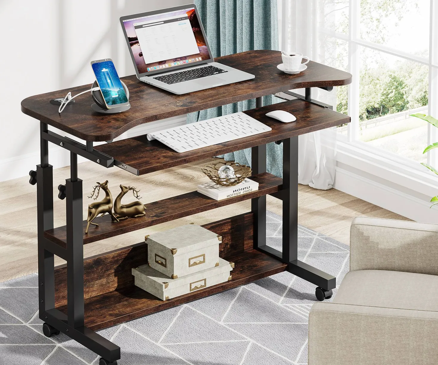 Height Adjustable Desk, Mobile Portable Desk with Wireless Charging Station