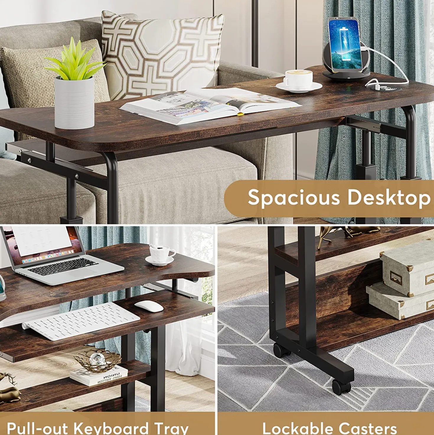 Height Adjustable Desk, Mobile Portable Desk with Wireless Charging Station