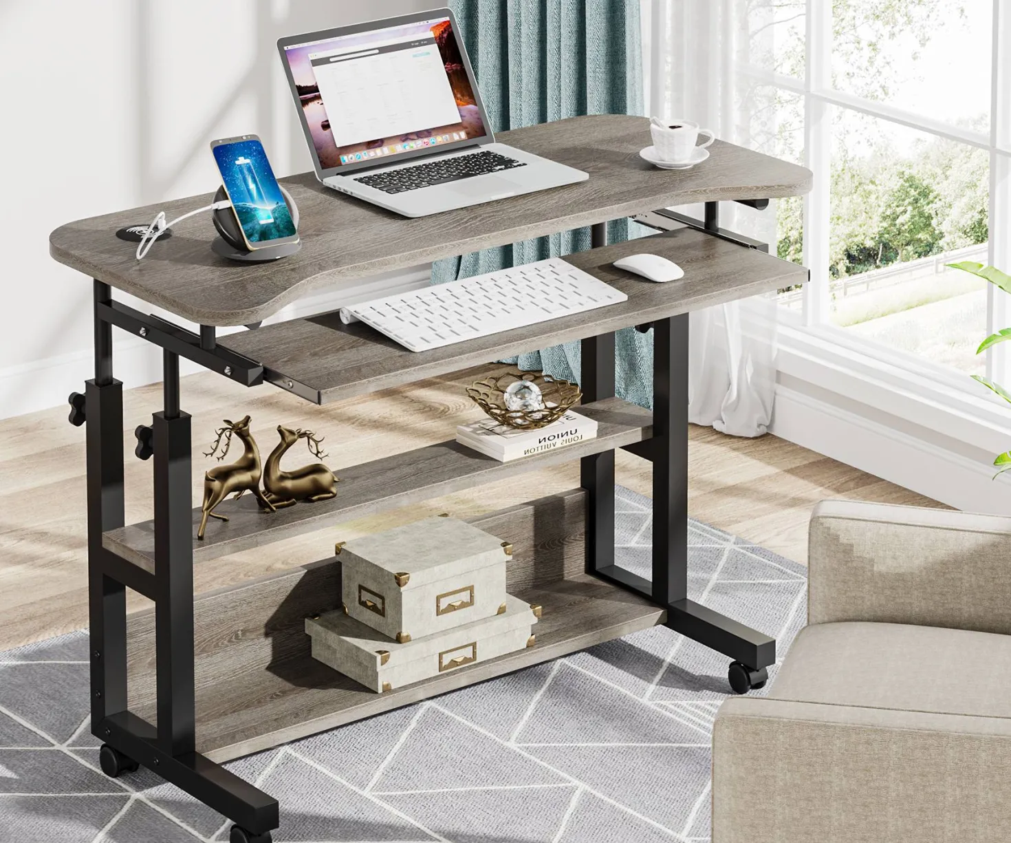 Height Adjustable Desk, Mobile Portable Desk with Wireless Charging Station