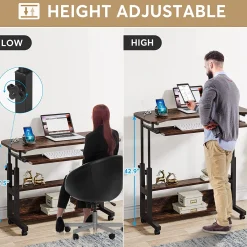 Height Adjustable Desk, Mobile Portable Desk with Wireless Charging Station